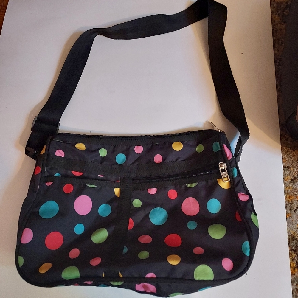 Polka Dot Crossbody Purse, 4 Pockets, Adj. Strap, Washable!